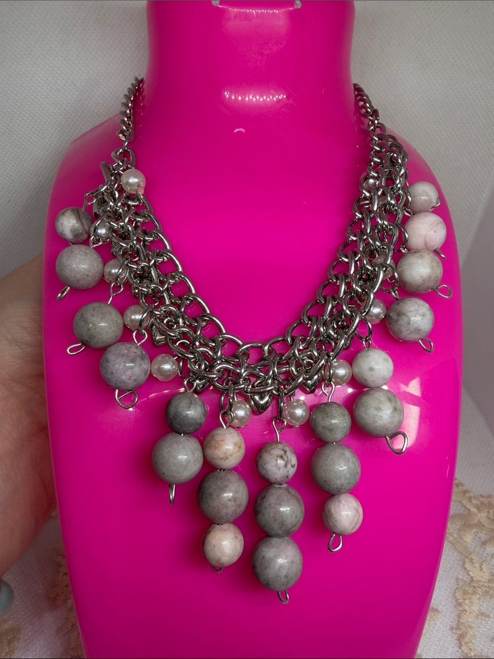 OOAK Genuine Pink Jasper Statement Necklace | Layered Bib Necklace Adjustable - Picture 9 of 10